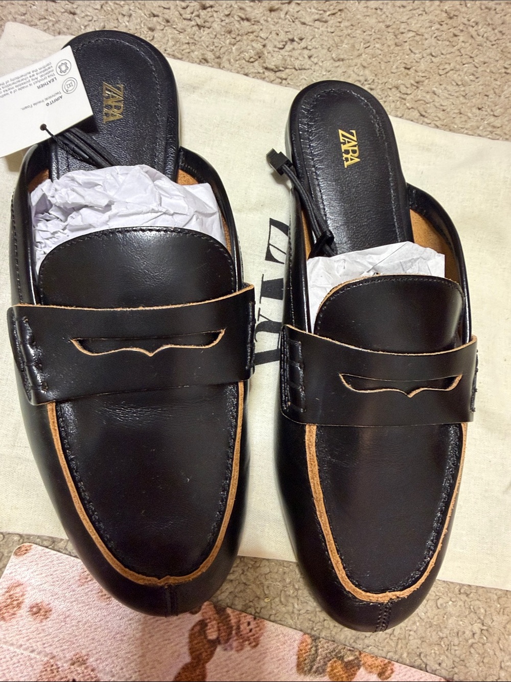 Zara REAL LEATHER Black Loafers with Tan Trim –  Slip-On Moccasins